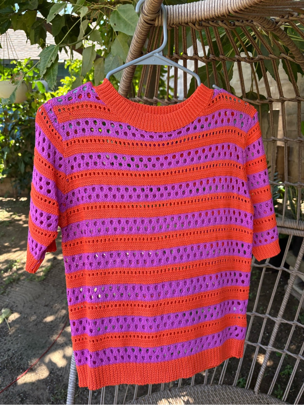 Women's Short Sleeve Open-Knit Stripe Tee - Pink & Orange
